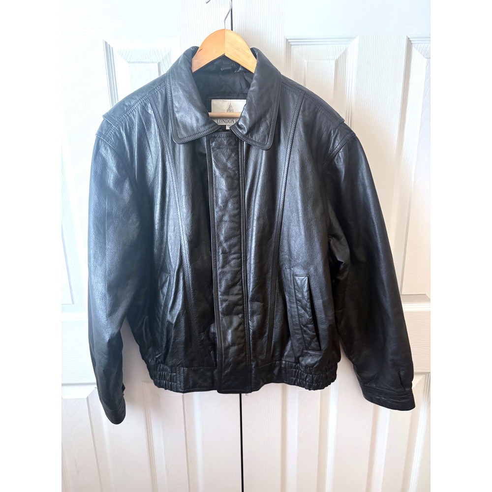 VINTAGE LONDON FOG Black Leather Quilted Liner Aviator Bomber Jacket L